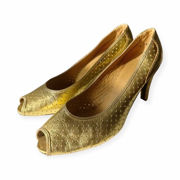 Vintage Christian Dior Souliers France  Gold Open Toe‎ Pumps, Size 6 1/2 B - Picture 4 of 15